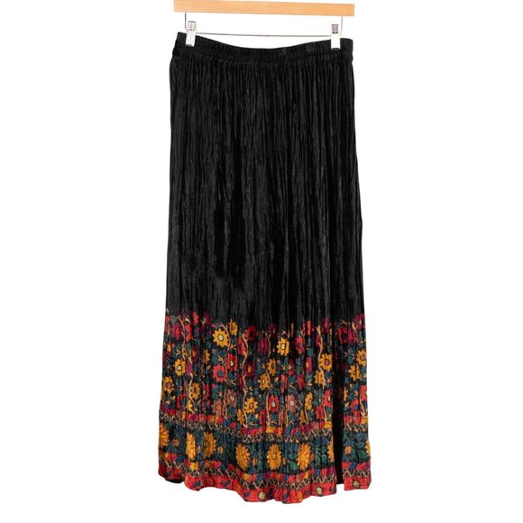 Boho Velvet Maxi Skirt Floral VTG 90s Crinkle Hippie Indie Festival Colorful - Picture 1 of 5